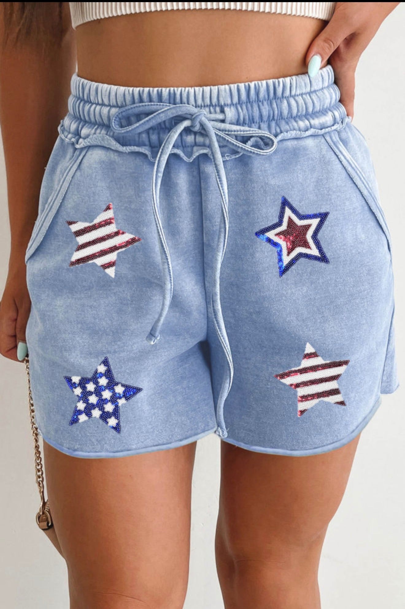 Sky Blue Patriotic Sequin Star Shorts